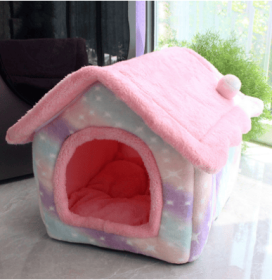 Foldable Dog House Pet Cat Bed Winter Dog Villa Sleep Kennel Removable Nest Warm Enclosed Cave Sofa Pets Supplies (Option: Pink starry sky-Large)